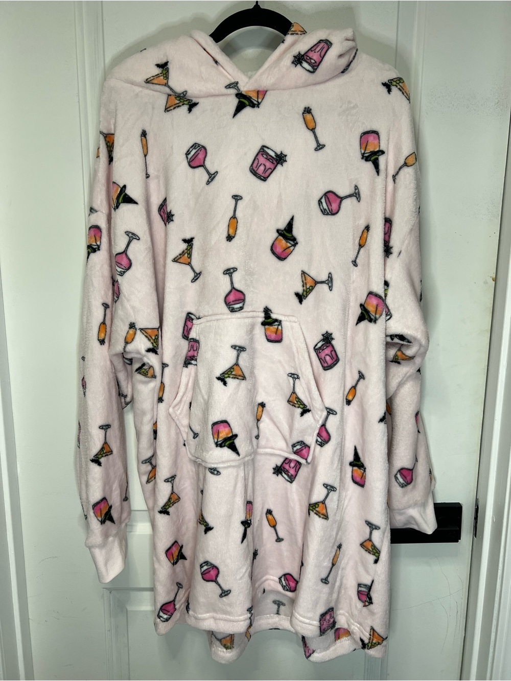 Plush Hooded Pajama Dress in Light Pink with Cocktail Print Size L/XL